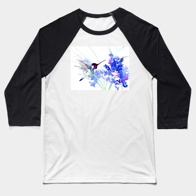 Flying Hummingbird anf Blue Flowers Baseball T-Shirt by surenart